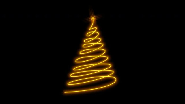 Animated golden Christmas tree with a glowing effect, set against a black background. Includes an alpha channel.