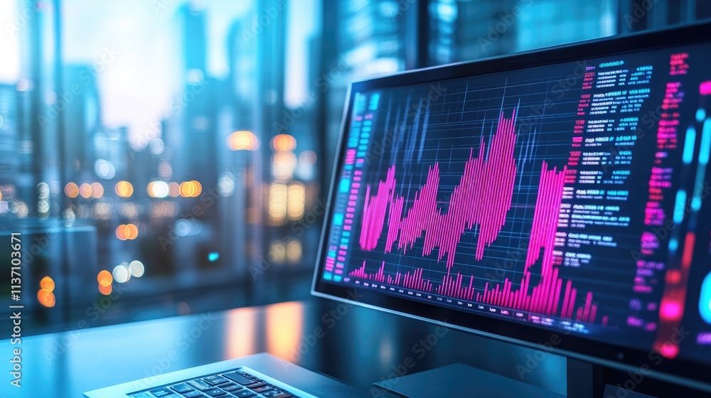 Poster dynamic financial market analysis with colorful graphs on computer screen in modern office environme