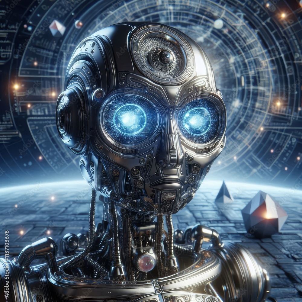 Poster close-up of a detailed metallic robot with glowing blue eyes, set against a backdrop of complex digi