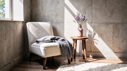 Generative AI, Minimalist reading nook with a cream boucle armchair, textured concrete wall, and warm natural light
