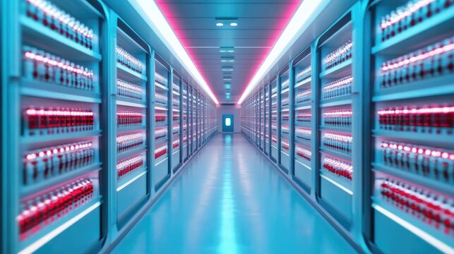 Futuristic Interior of a Modern Warehouse with Neon Lighting and Shelves Filled with Bottles in a Symmetrical Perspective, Creating a Vibrant, High-Tech Atmosphere - Powered by Adobe