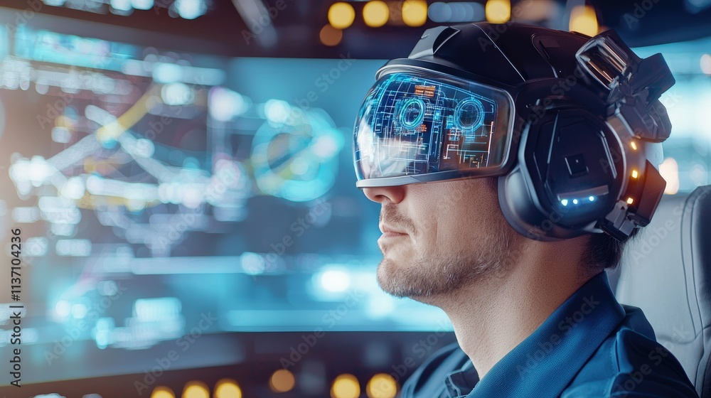 Poster futuristic man engaged in immersive virtual reality experience while wearing advanced vr headset and