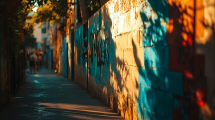 Fototapeta premium Sunlit Alleyway Wall Graffiti Urban Scene