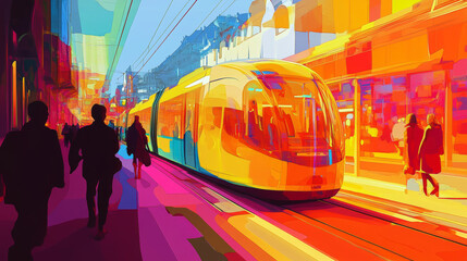 Vibrant City Tram, Urban Transport, Colorful Painting, Modern Commuter Life, Artistic Impression
