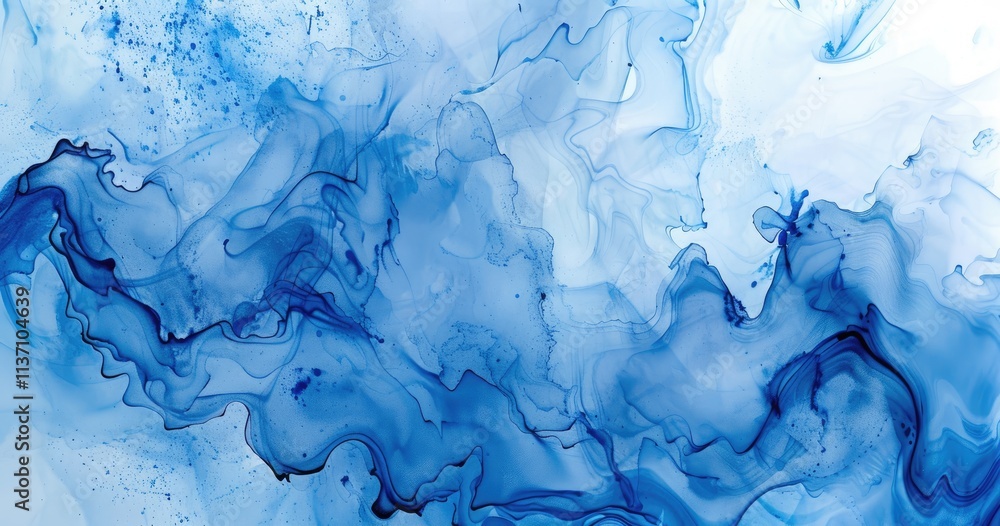 Poster abstract fluid art in shades of blue, creating a calming and serene visual effect.