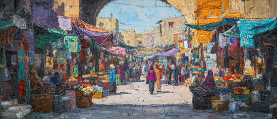Fototapeta premium Vibrant Market Scene: Ancient City, Colorful Fabrics, Busy Street, Impasto Painting