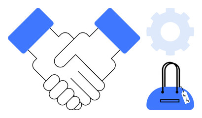 Two hands shaking, blue cogwheel, blue purse with tag. Ideal for business partnerships, collaboration, teamwork, commerce, retail industry product creation maintenance. Line metaphor