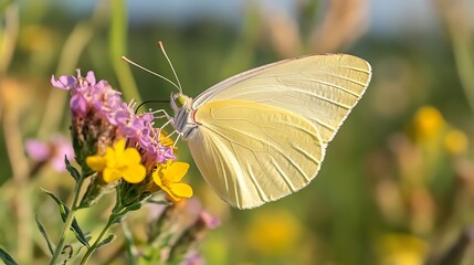 Pale Yellow Butterfly Feeding on Wildflowers