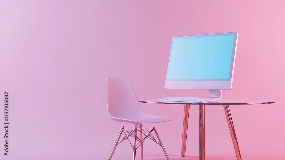 Poster modern workspace with computer and chair against a soft pink and blue gradient background, ideal for