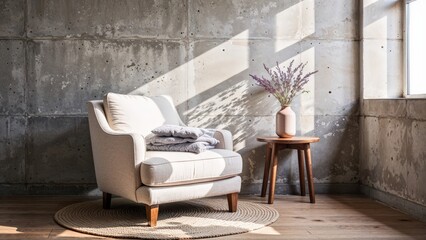 Generative AI, Minimalist reading nook with a cream boucle armchair, textured concrete wall, and warm natural light