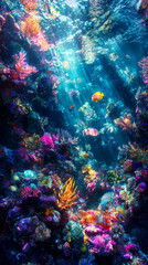 Obraz premium Vibrant Coral Reef Underwater Scene: Surrealist Painting Style