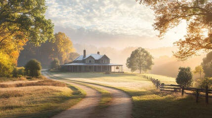 Obraz premium Misty Dawn Farmhouse: Rural Landscape Photography