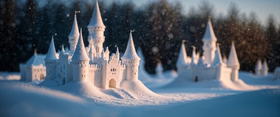 Whimsical snow castle with towers and flags in a snowy landscape during a magical winter setting