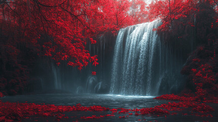 Crimson Waterfall: Lush Forest, Red Leaves, Majestic Cascade
