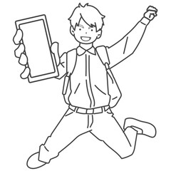 スマホを持ってジャンプする男の子、青年、中学生、高校生
