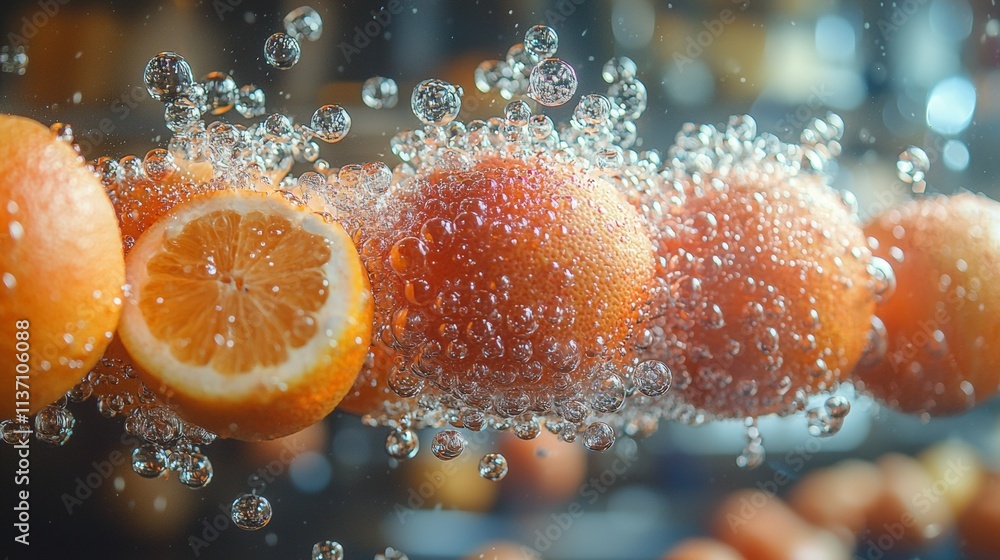 Poster oranges splashing in water with sparkling bubbles