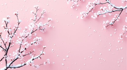 Fototapeta premium Blooming Sakura With Snow, Pink Background For Cards, Print, Decorative Banners. Copy Space