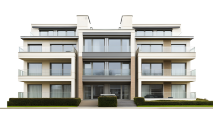 Front view of a luxury apartment exterior design, isolated on a white background.