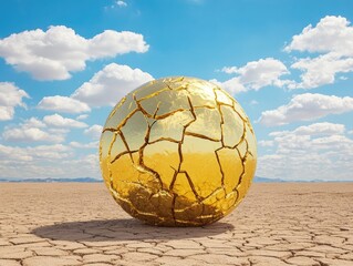A Stunning Golden Egg Sitting on a Cracked Earth Surface Under a Bright Blue Sky with Fluffy Clouds in a Surreal Landscape