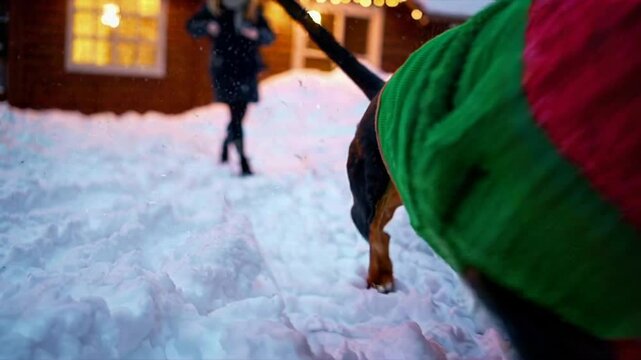 Perro Dachshund Corriendo en Nieve con Chaleco de Invierno