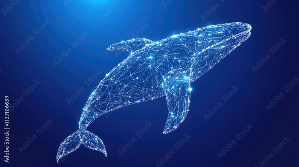 Poster abstract representation of a whale in a geometric digital style with light connections over deep blu