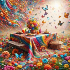 A vivid, surreal picnic scene with rainbow-colored tablecloth, psychedelic patterns, and a sky filled with butterflies. Flowers and colorful decorations create a whimsical and dreamlike atmosphere