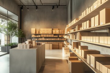 Cardboard boxes and parcels neatly arranged on shelves and a counter in a modern order pickup point, awaiting customer collection