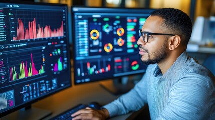 Focused Business Analyst Analyzing Data Trends on Multiple Computer Screens with Colorful Graphs and Statistics in Modern Office Environment