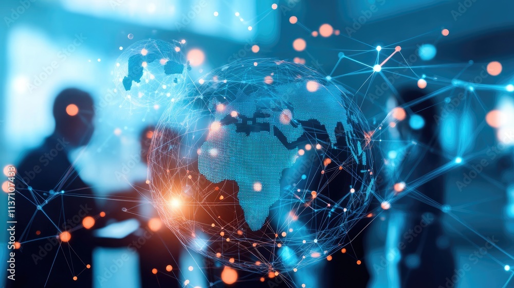 Poster futuristic global network concept with a digital world map and business professionals collaborating 