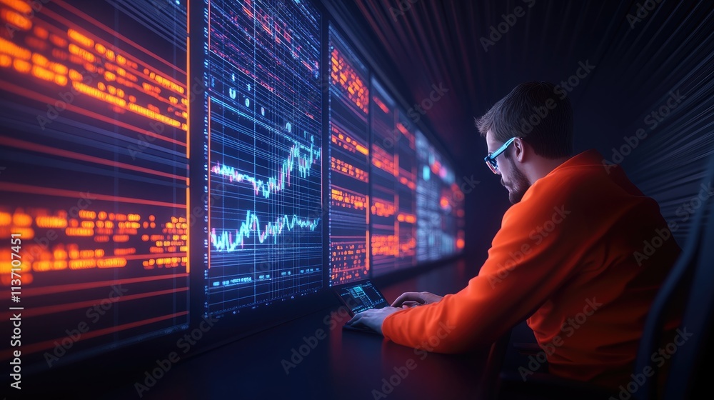 Aufkleber professional analyst working late at night, examining financial data on multiple glowing screens, wi