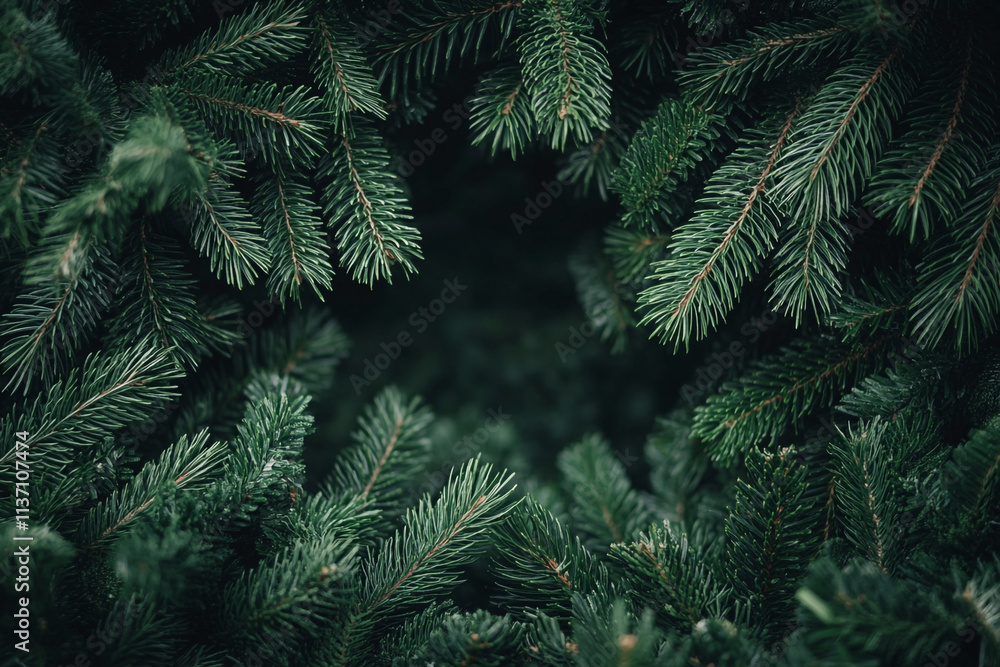 Poster close view of pine branches creating a natural frame in a lush forest