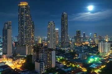 Fototapeta premium Nighttime in bangkok: spectacular modern skyscrapers with full moon