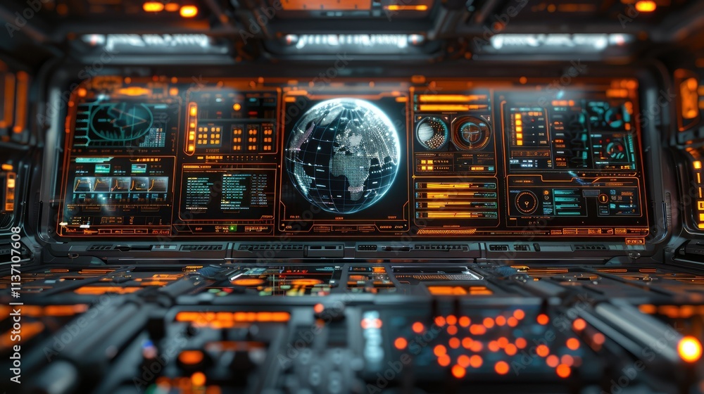Poster futuristic control room with glowing interfaces and a view of earth.