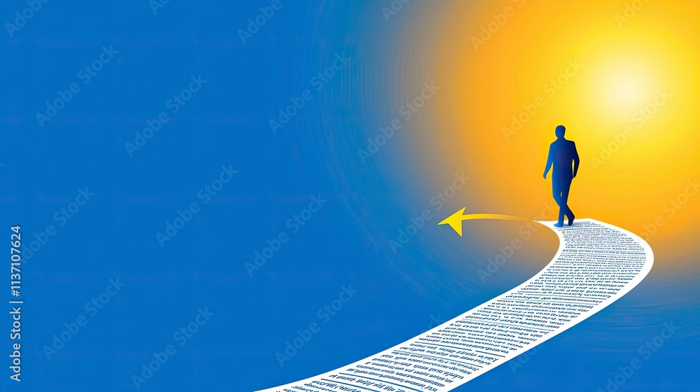 Poster a businessman walking towards a bright future symbolizing success with an arrow and text on a curved