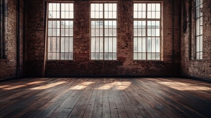 Sunlit empty industrial loft interior with brick walls and hardwood floor.