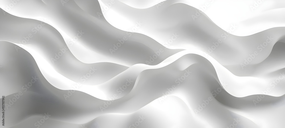 Poster an abstract composition showcasing flowing white fabric waves with gentle curves, creating a serene 