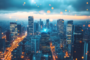 Fototapeta premium Futuristic Cityscape: Night Lights, Skyscrapers, and Technology
