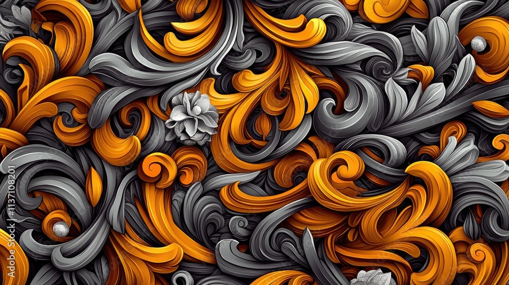 Poster colorful ornate swirls and flourishes in shades of gray and orange creating a dynamic and textured b