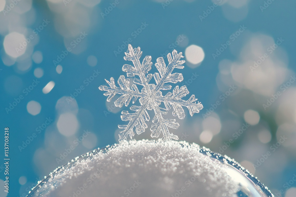 Poster unique snowflake atop a shimmering snow-covered surface with blurred background light