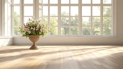 Sunlit room with large windows and rose bouquet.