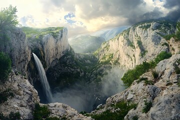 Breathtaking panorama of sastavci waterfall cascading into a misty canyon in croatia, showcasing the beauty of european nature