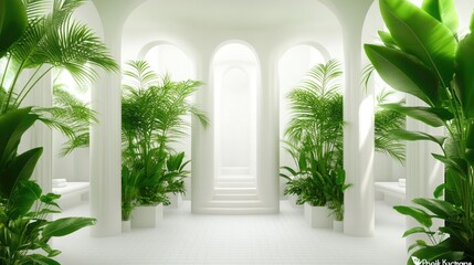 Fototapeta premium Serene Indoor Oasis with Lush Greenery and Elegant Architectural Details in a Bright, Tranquil Space for Relaxation and Rejuvenation