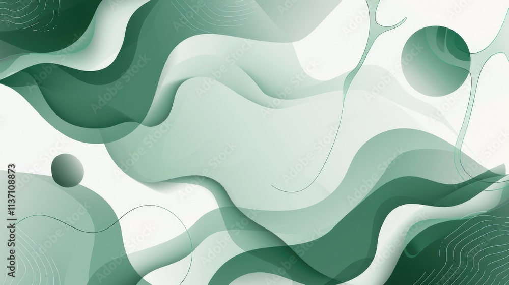 Poster abstract green waves with smooth gradients and shapes, creating a modern design aesthetic.