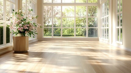 Sunlit empty room with large windows and hardwood floors, featuring a vase of flowers.