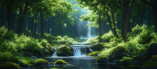 Obraz premium Lush forest landscape with a serene waterfall and flowing stream surrounded by greenery.