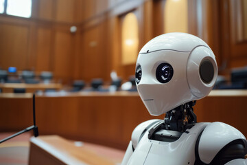 Robot in Courtroom: AI Justice, 3D Rendering, Neutral Expression, White Robot