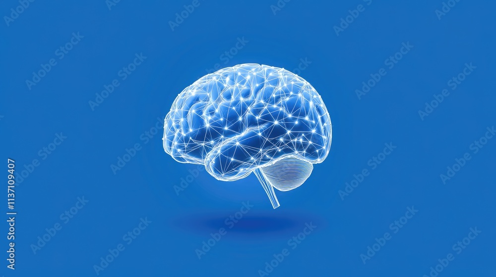 Poster digital brain illustration representing connectivity and neural networks on a bright blue background