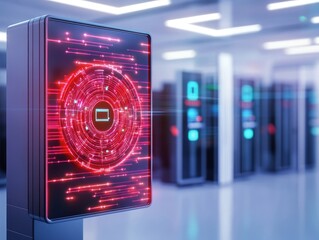 Futuristic Data Center with High-Tech Server Rack and Digital Interface Showing Circuits and Binary Logic for Advanced Technology and IT Infrastructure Concepts