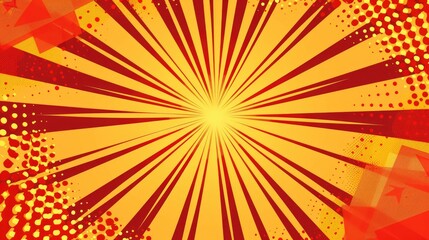 A vibrant comic-style explosion of rays in red and yellow, conveying energy and excitement.