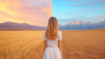 A Young Girl Standing in a Split Landscape of Beautiful Sunset and Clear Blue Sky with Majestic Mountains and Rolling Fields in Two Halves of Nature